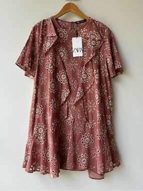 Zara Embroidered Eyelet Dress Pink Mauve Ruffles Cotton Women’s Size XXL NWT